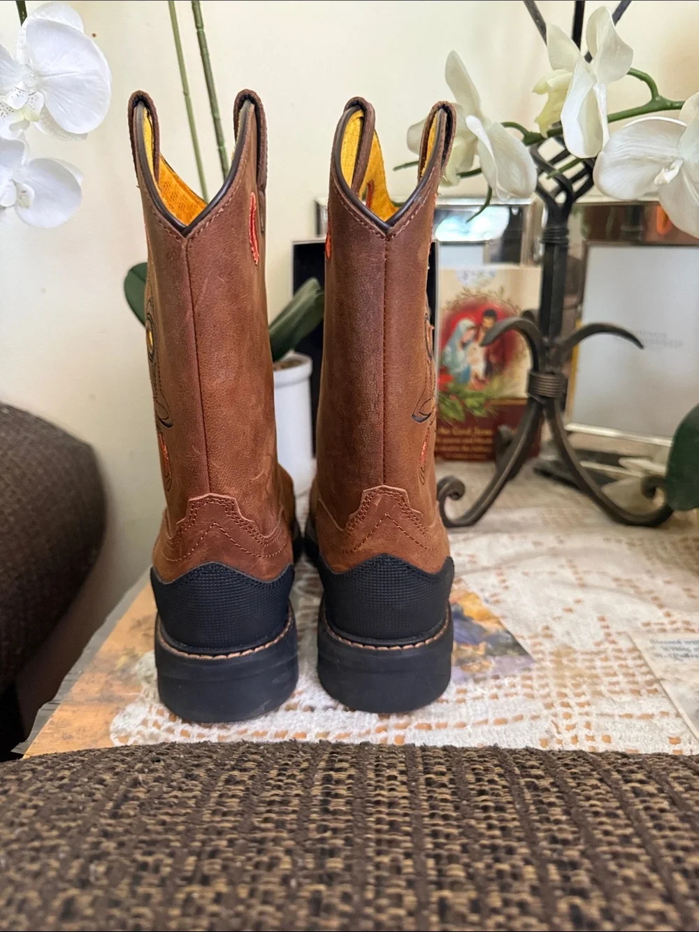 Cody James Brown Leather Western Work Boots with Orange Accents sz6 D